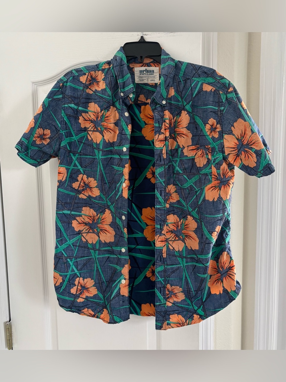 Men’s urban pipeline Navy Floral Button-Down Shirt with Orange & Green Print